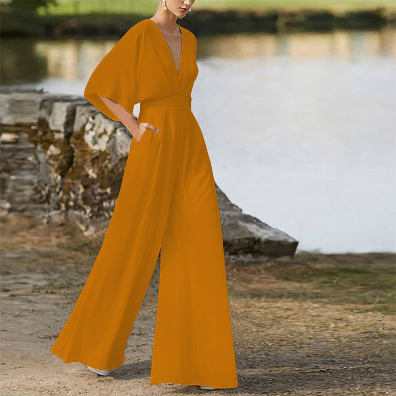 2026 Winter New European and American Foreign Trade Women's Fashion Jumpsuit Amazon Hot-Selling Deep V High-Waisted Wide-Leg Pants