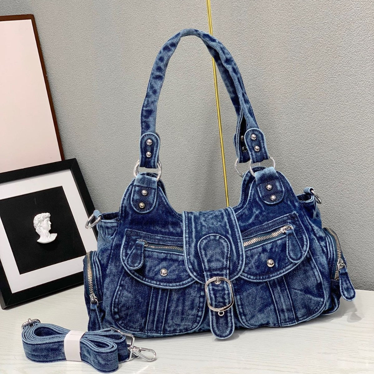Vintage Washed Denim Underarm Crossbody Bag Large Capacity Tote teemdrop