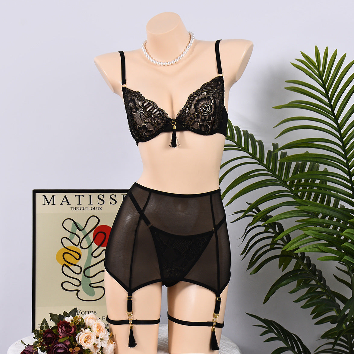 Women's Lace Stitching See-Through Push-Up Underwire Bra Set teemdrop