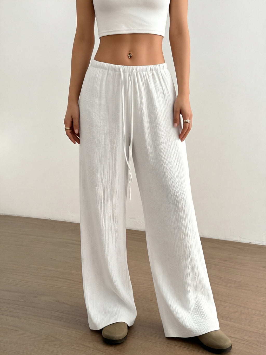 Women's Textured High Waist Drawstring Drapey Wide Leg Pants teemdrop