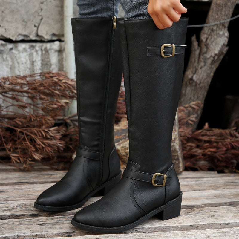Women's Chunky Heel High Tube Boots with Square Buckle and Side Zipper teemdrop