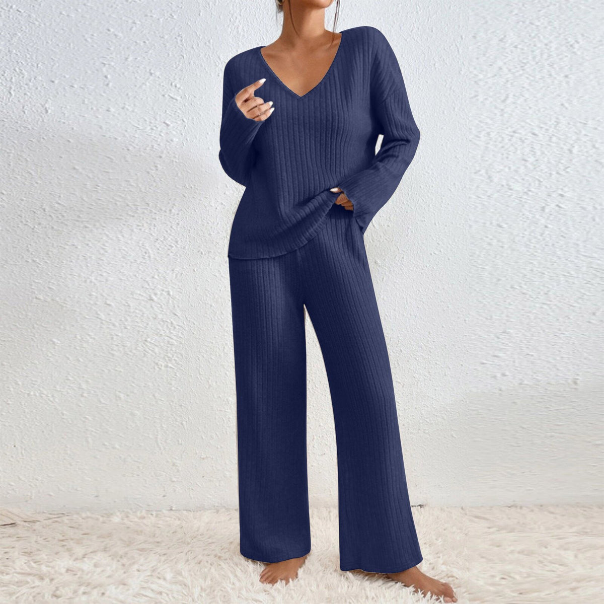 Women V-Neck Loose Ribbed Knit Long Sleeve Top Suit Set teemdrop