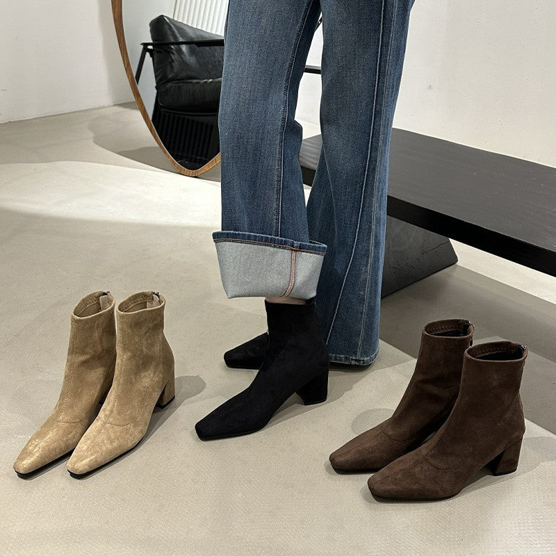 Women Suede Square Toe Thick Heel Back Zipper Short Boots teemdrop