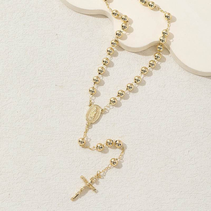 Light Luxury Gold Cross Pendant Long Bead Chain teemdrop