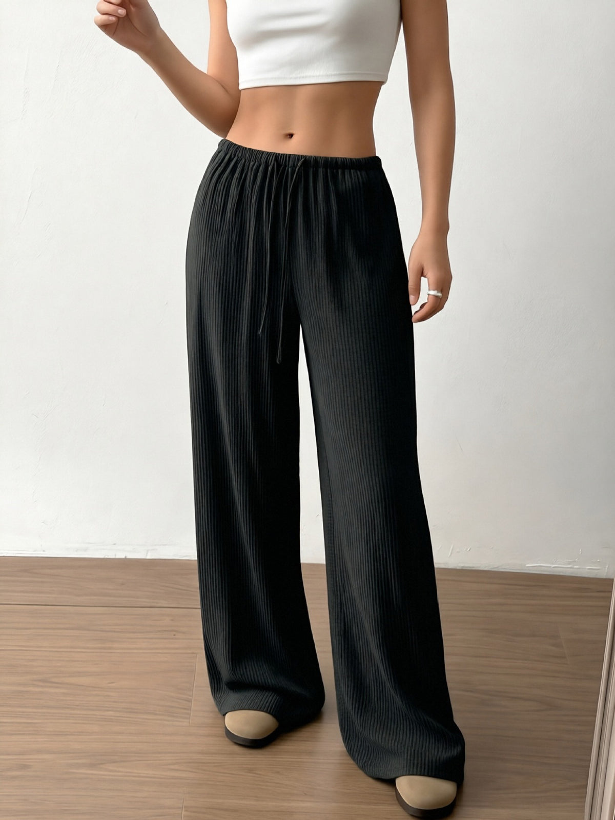 Women's Textured High Waist Drawstring Drapey Wide Leg Pants teemdrop