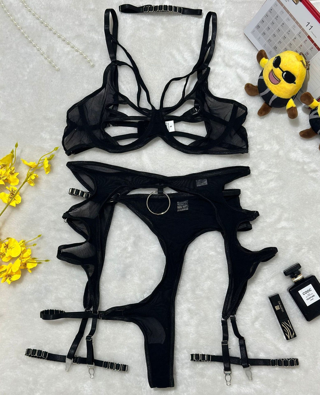 Women's Sexy Hollow-Out Mesh Lingerie Set Underwire Push-Up Bodysuit