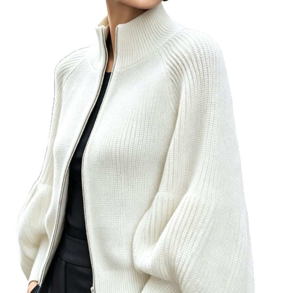 Women's Textured Knit Stand Collar Balloon Sleeve Cardigan teemdrop