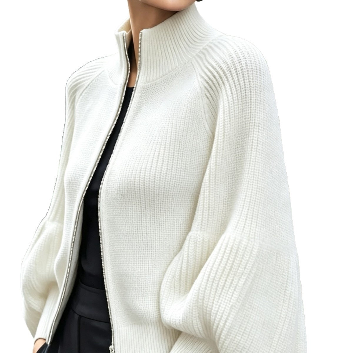 Women's Textured Knit Stand Collar Balloon Sleeve Cardigan teemdrop
