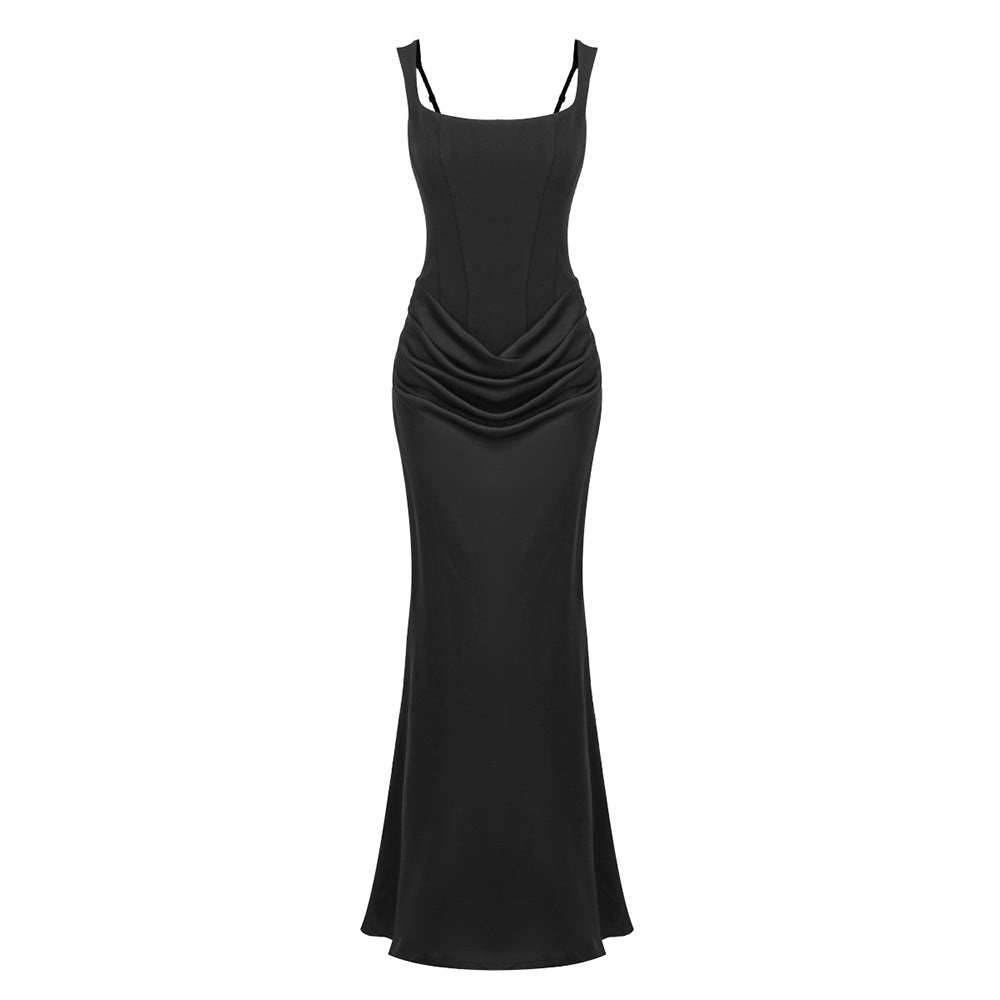 Women?s Drawstring Design Pleated A-Line Sleeveless Long Dress teemdrop
