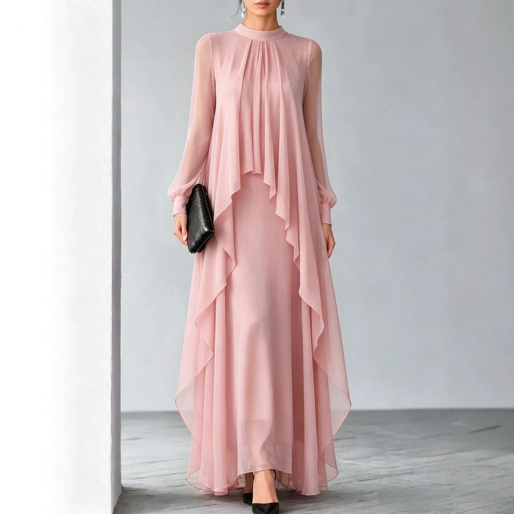 Women's Pleated Chiffon Long Dress Stand Collar Sheer Sleeve Ruffle Hem Fake Two-Piece Gown teemdrop