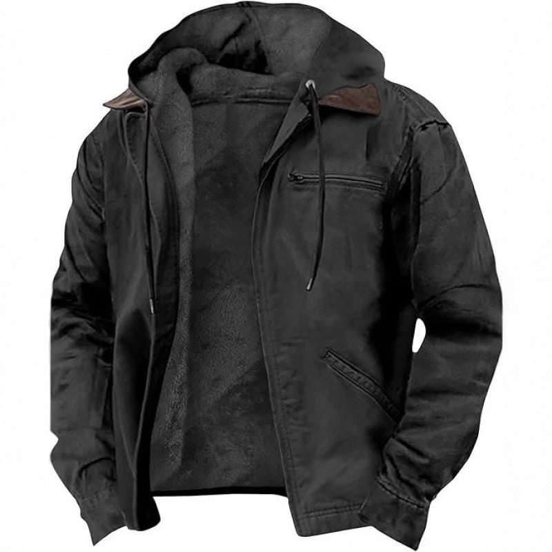 Men's Solid Fleece-Lined Hooded Jacket with Zipper Pocket
