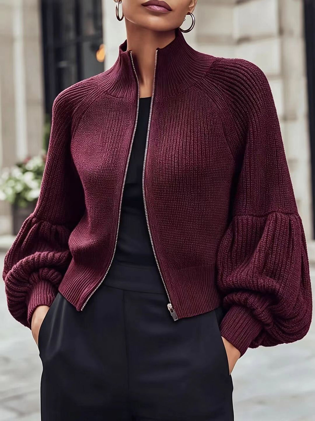 Women's Stand Collar Zip-Up Lantern Sleeve Textured Knit Sweater teemdrop