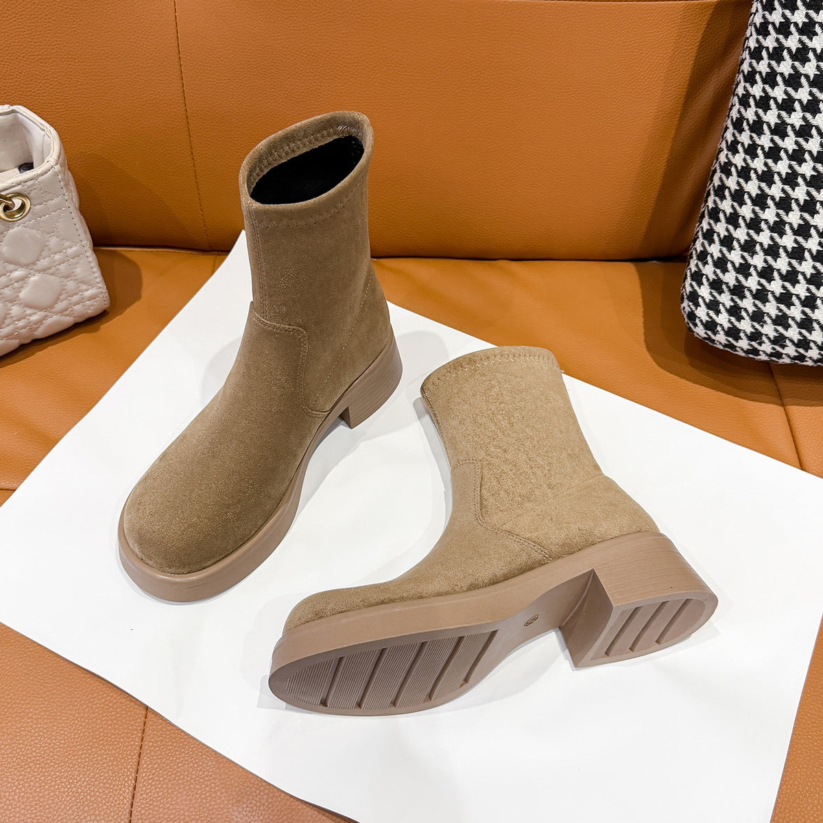 Women's Suede Ankle Boots Retro Round Toe Chunky Heel Riding Boots teemdrop