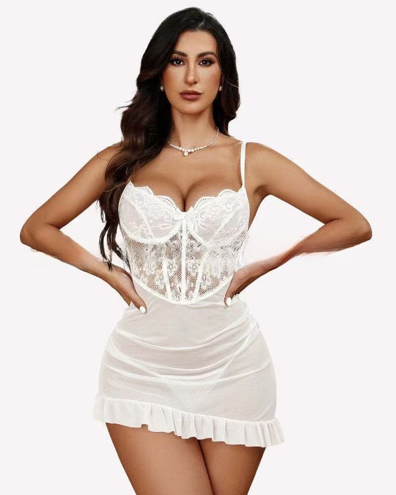 Plus Size Lace Sling Sheer Mesh Nightgown teemdrop