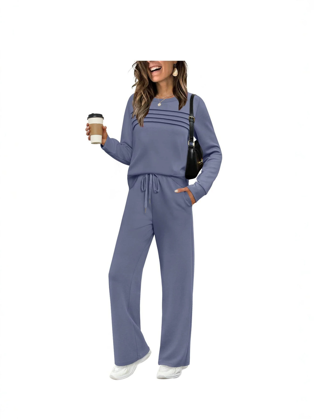 Women's Solid Color Two-Piece Set Pleated Sweatshirt and Wide-Leg Trousers Casual Knit Suit teemdrop