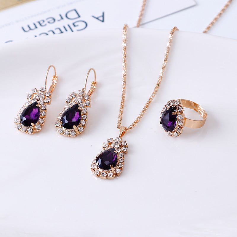 European and American Personalized Water Drop Rhinestone Necklace Earrings Ring Set