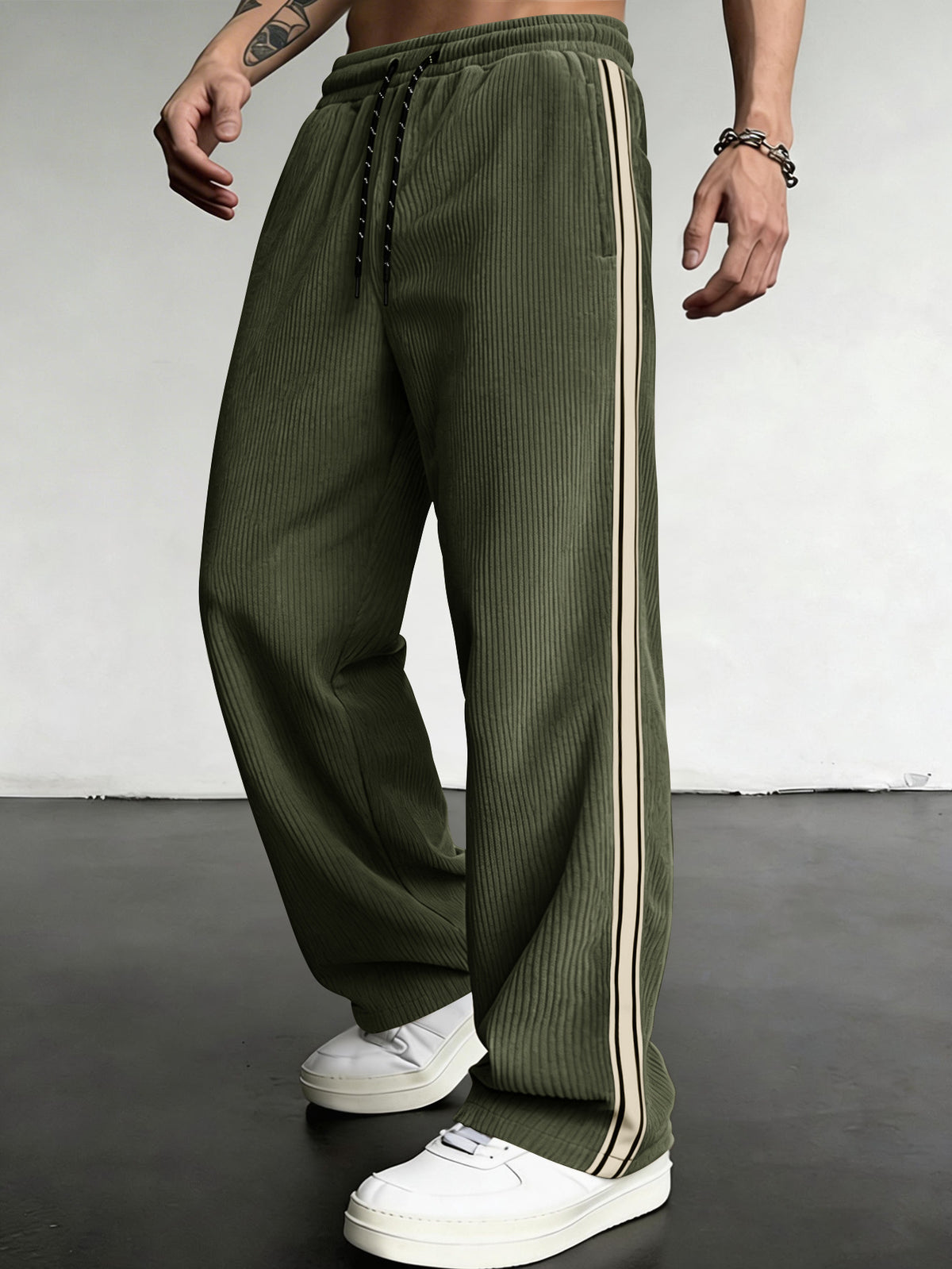 Men's Striped Corduroy Drawstring Straight-Leg Casual Pants teemdrop