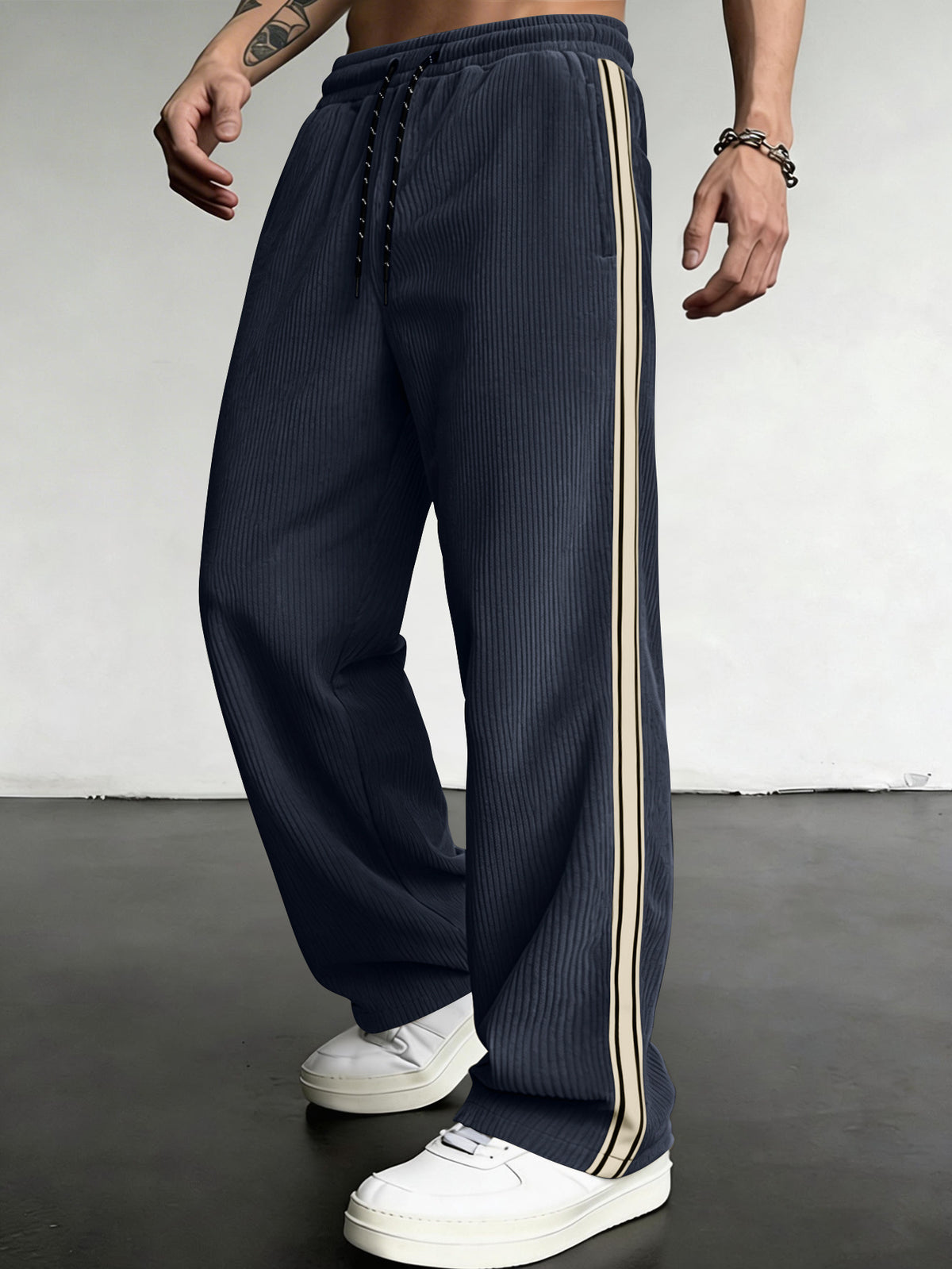 Men's Striped Corduroy Drawstring Straight-Leg Casual Pants teemdrop