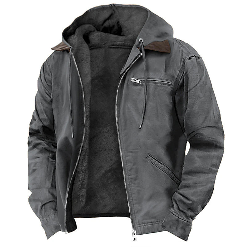 Men's Solid Fleece-Lined Hooded Jacket with Zipper Pocket
