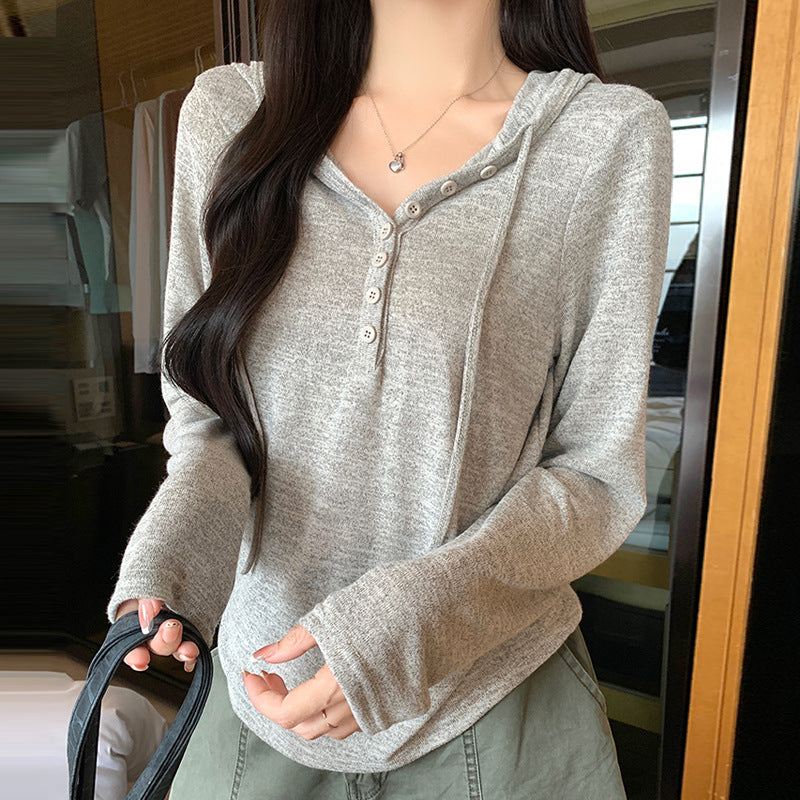 Women's Button-Down Knit Hoodie Long Sleeve Henley T-Shirt teemdrop