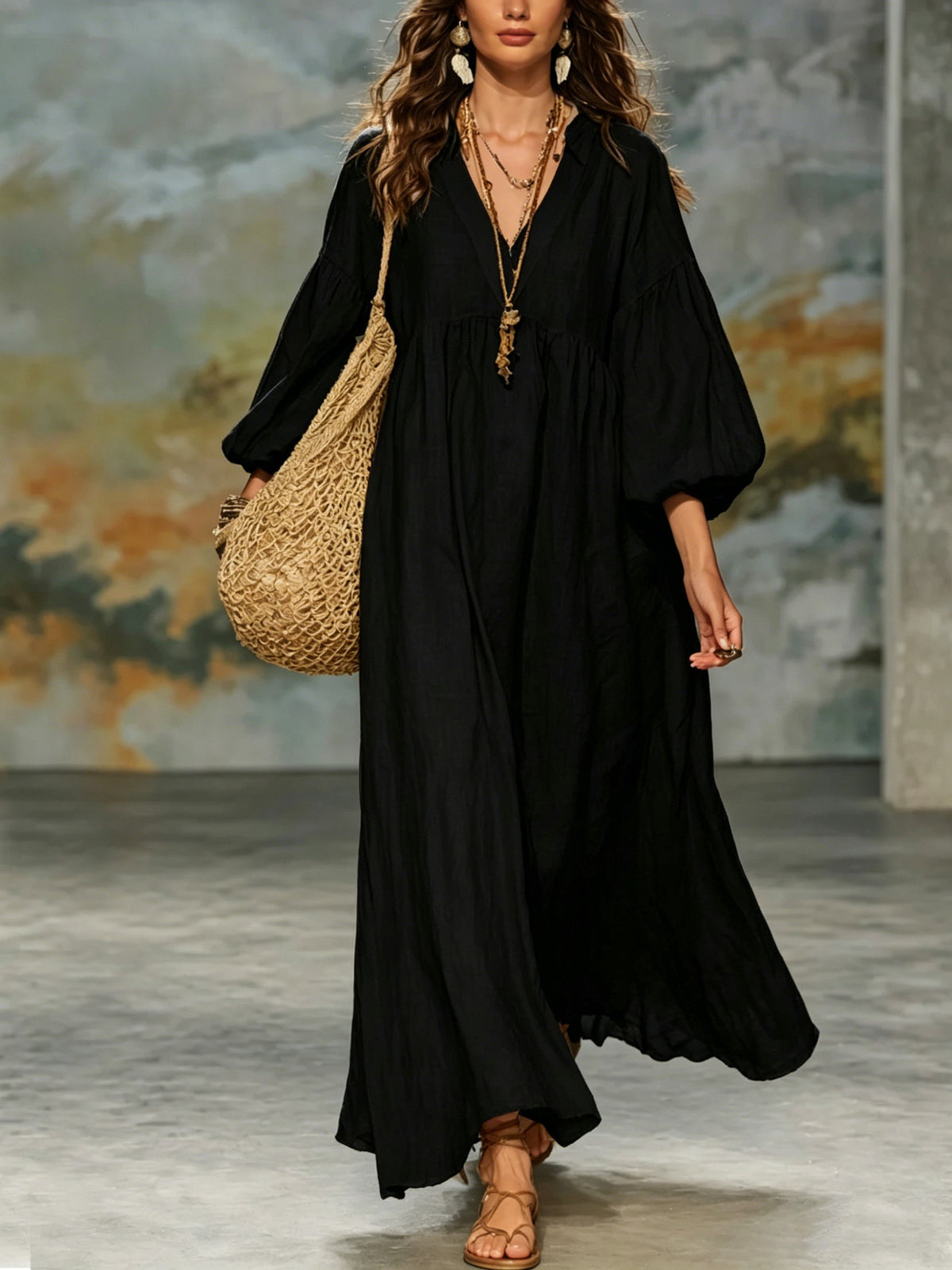 dress women's cotton and linen deep V lantern sleeves teemdrop