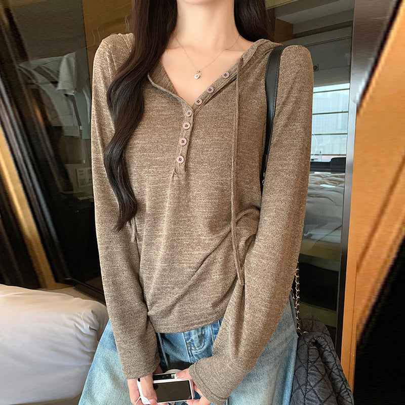 Women's Button-Down Knit Hoodie Long Sleeve Henley T-Shirt teemdrop