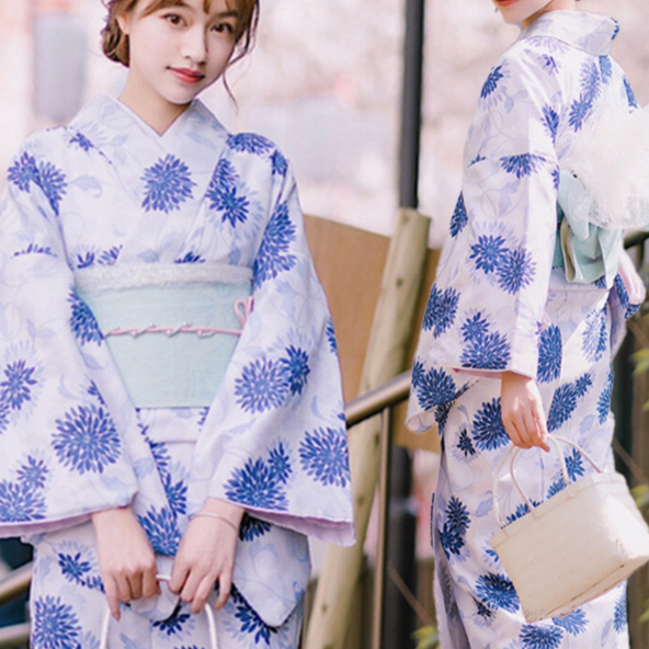Womens Traditional Retro Japanese Camellia Print Kimono Dress with Girdle and Fan Headdress Set teemdrop