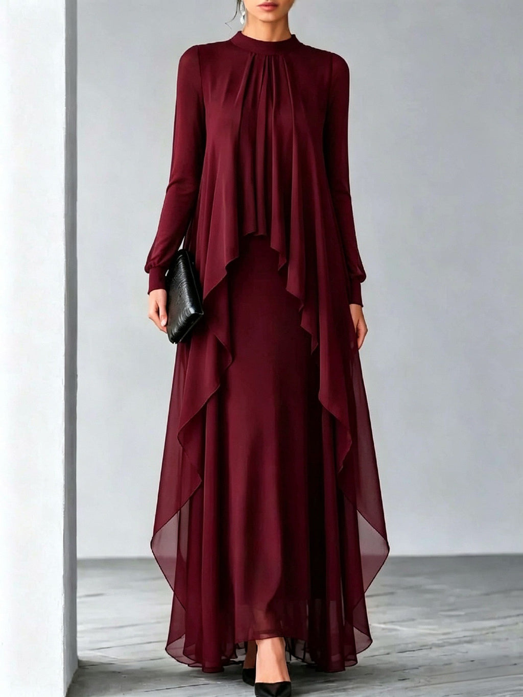 Women's Pleated Chiffon Long Dress Stand Collar Sheer Sleeve Ruffle Hem Fake Two-Piece Gown teemdrop