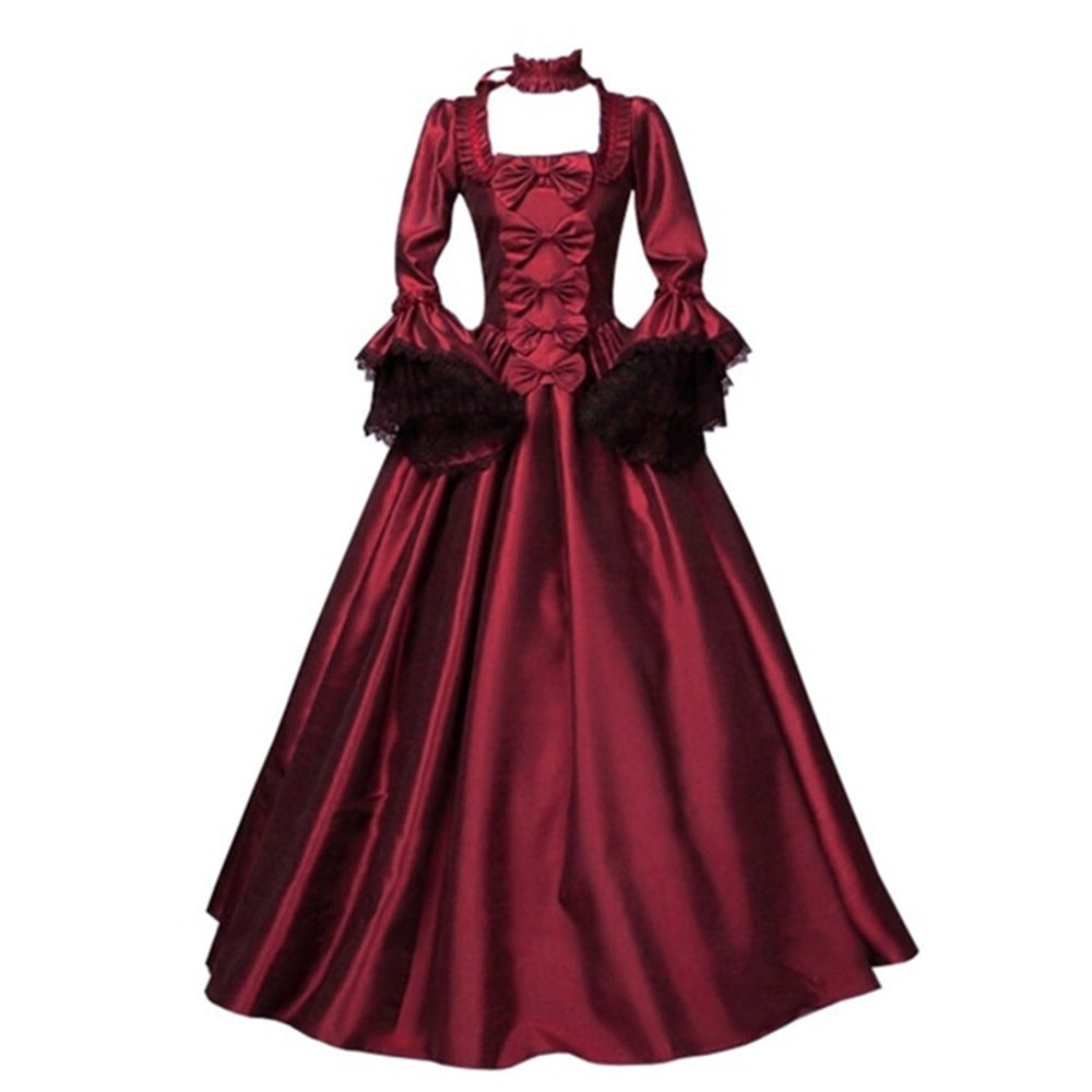 Women's Retro Lace Splicing High Waist Long Dress teemdrop