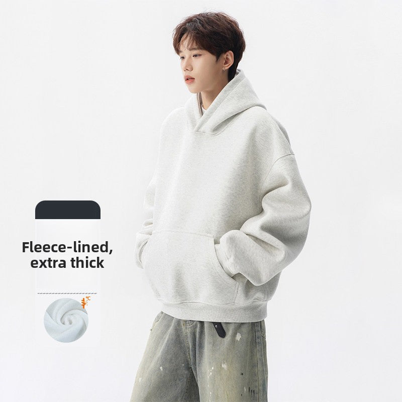 Men Heavyweight 400g Pure Cotton Double Layer Hooded Sweatshirt Loose Fit Solid Color teemdrop
