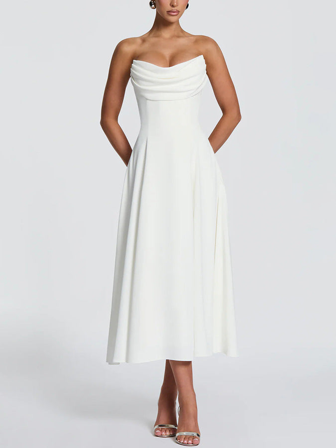 Women's Strapless Pleated Lace-Up A-Line Maxi Dress teemdrop