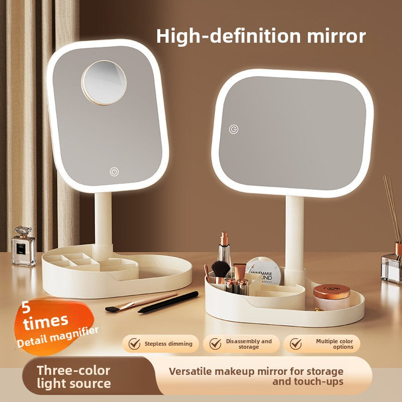 Three-Color Lighting Foldable Makeup Mirror with 5X Magnification Detachable Lens teemdrop