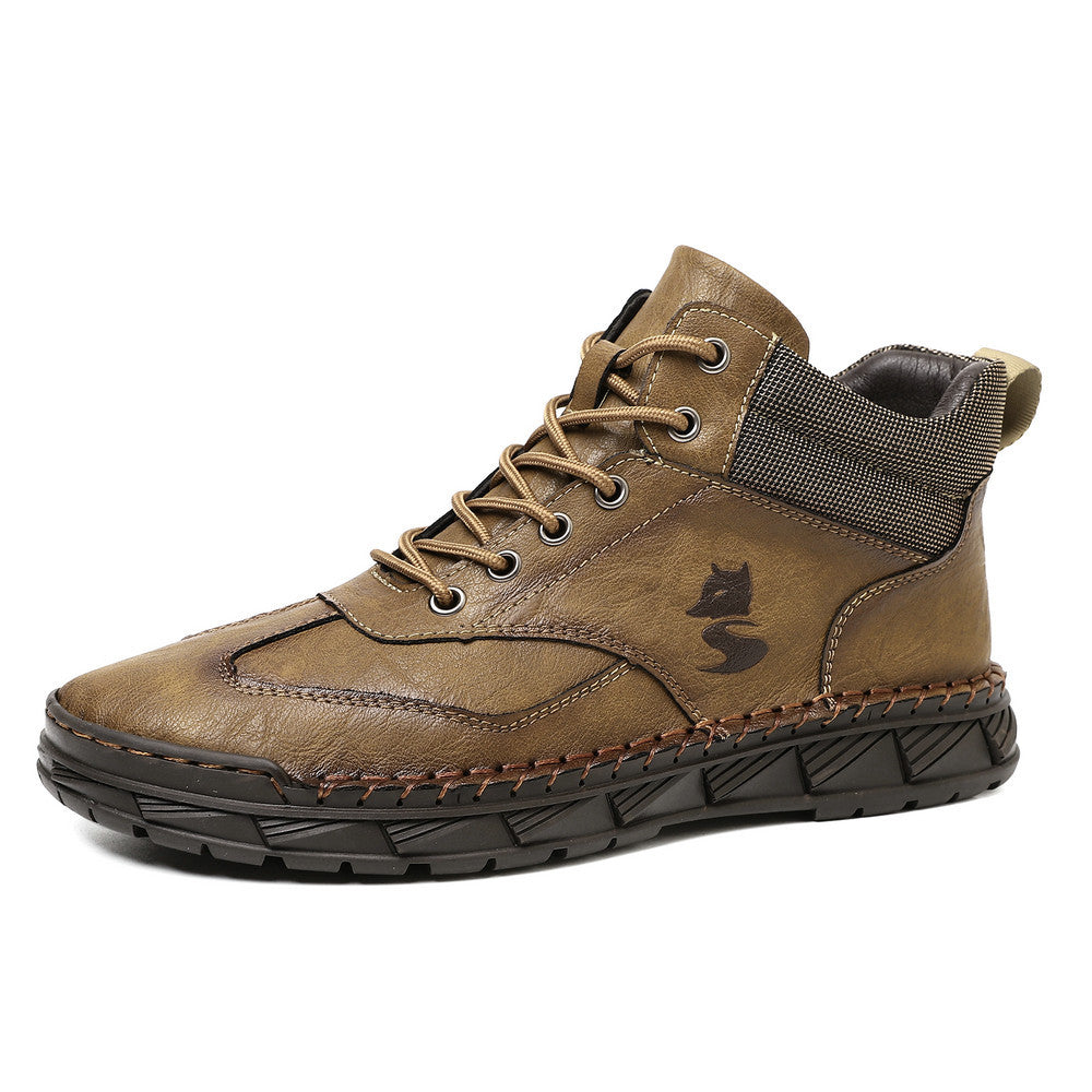 Mens Hand-Stitched PU Leather Lace-Up Flat Ankle Boots