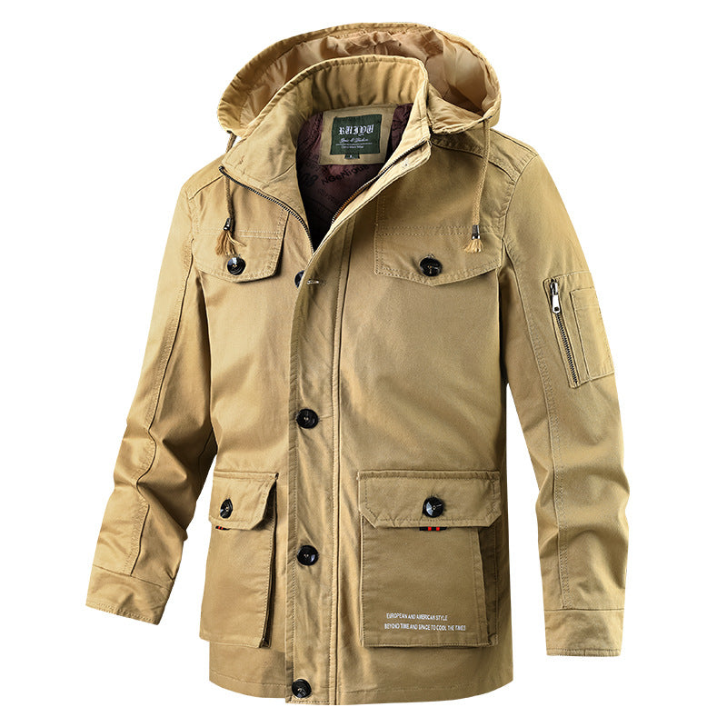 Men's cotton casual jacket with hood and stand-up collar, long and full-length coat