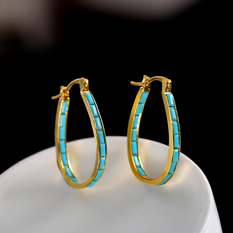 Electroplated Gold Geometric Sapphire Stone Large Earrings