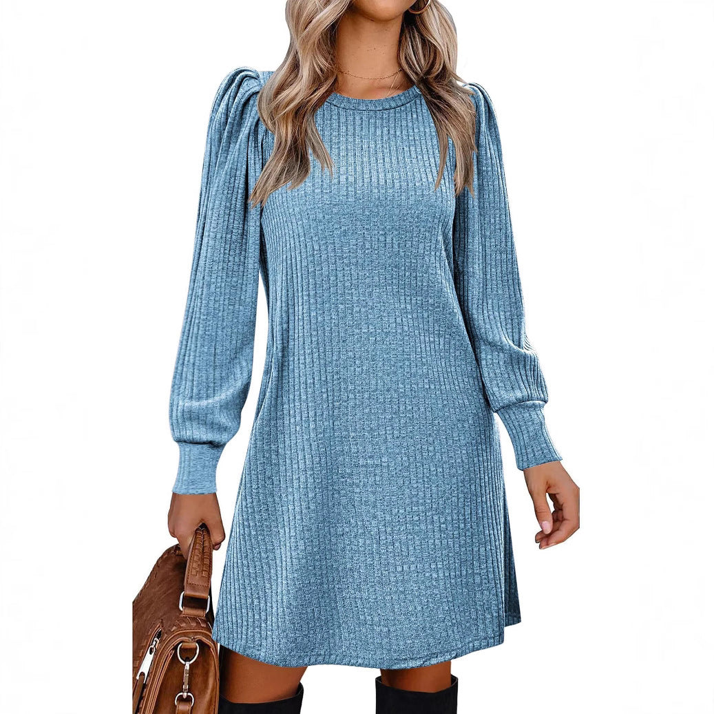 Solid Color Round Neck Puff Sleeve Mid-Length Dress