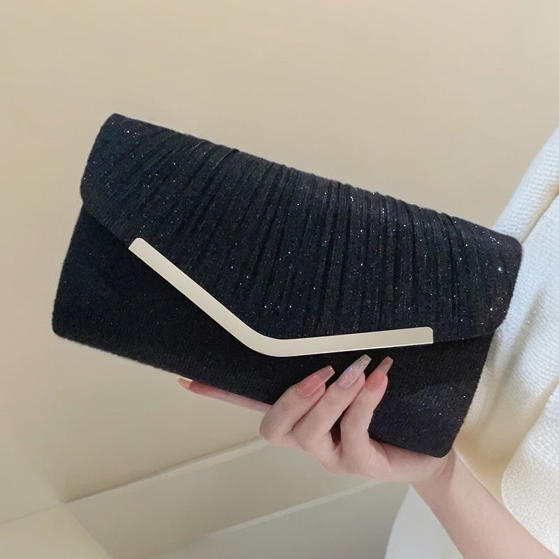 Women?s Shiny Pleated Large Capacity Handbag Evening Clutch Crossbody Bag teemdrop