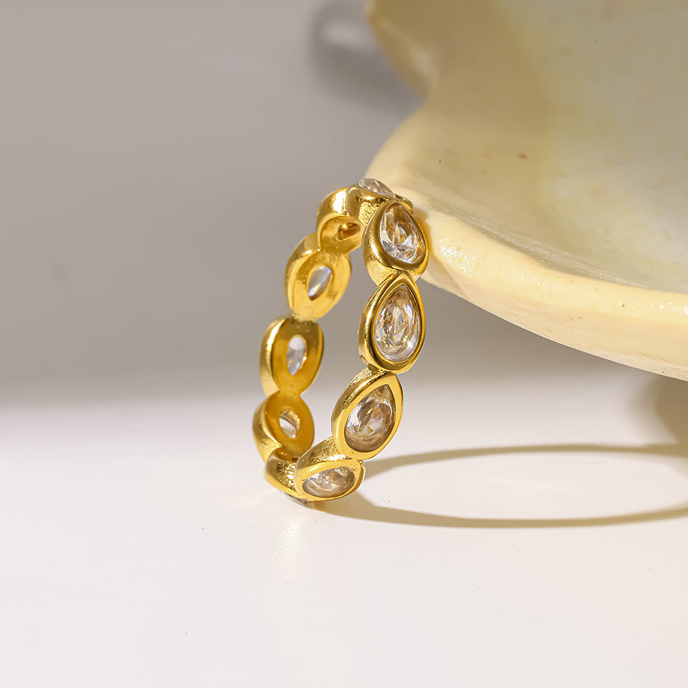 18K Gold Plated Stainless Steel Water Drop Zircon Ring for Women teemdrop