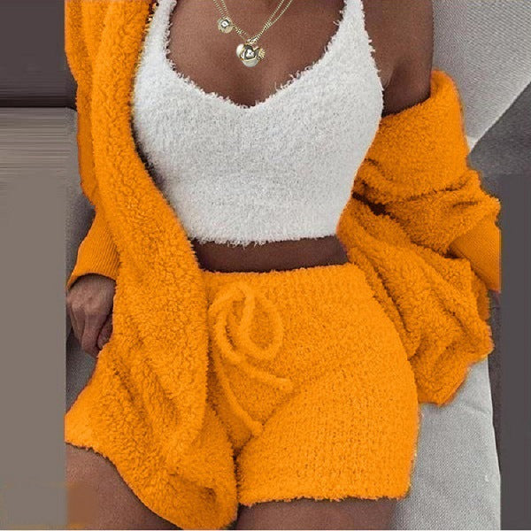 Women's Plush Three-Piece Long Sleeve Vest Shorts Track Set teemdrop