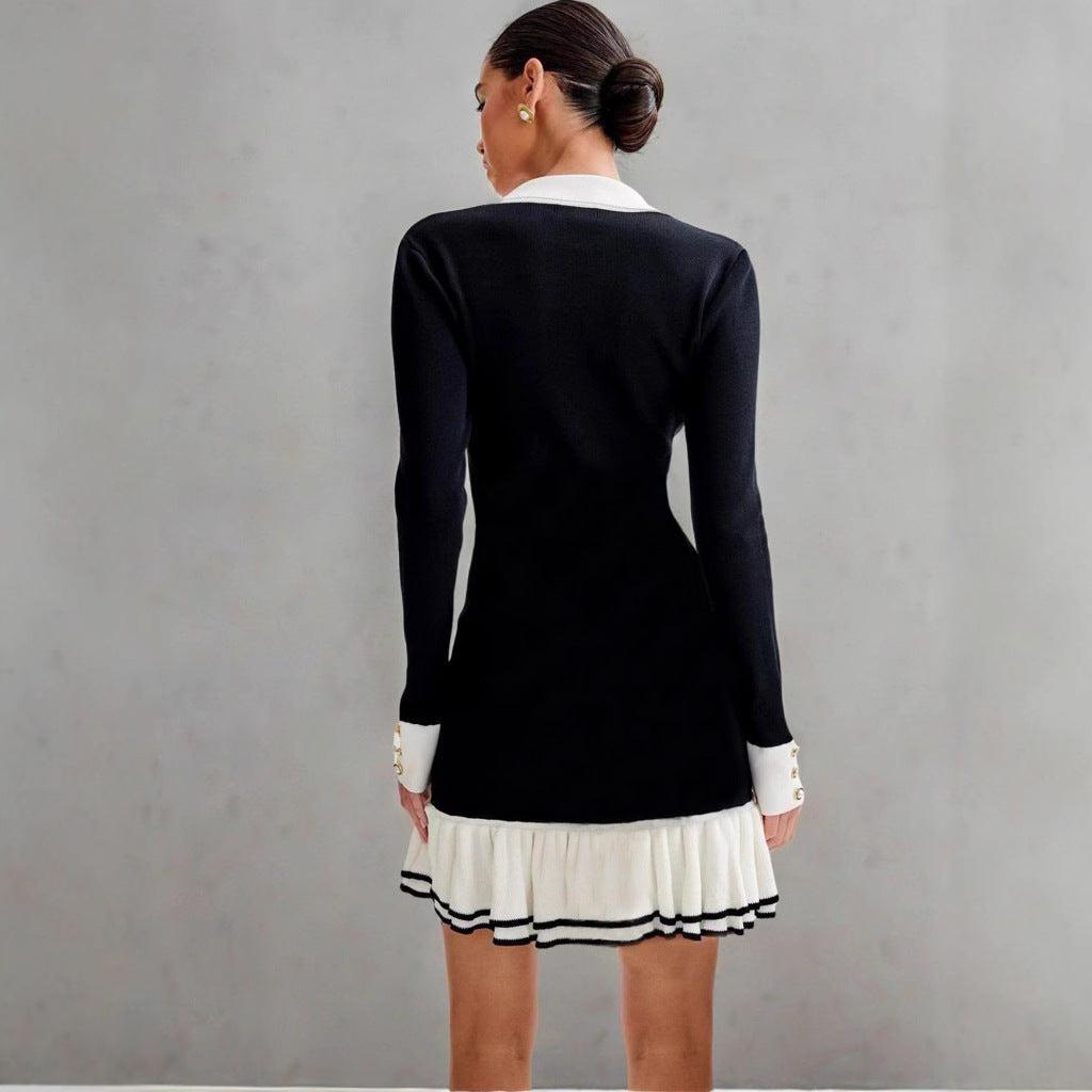Women's Double Layer Ruffled Knitted Dress with Pearl Buttons and Lapel Collar High Waist Slim Fit Long Sleeve teemdrop