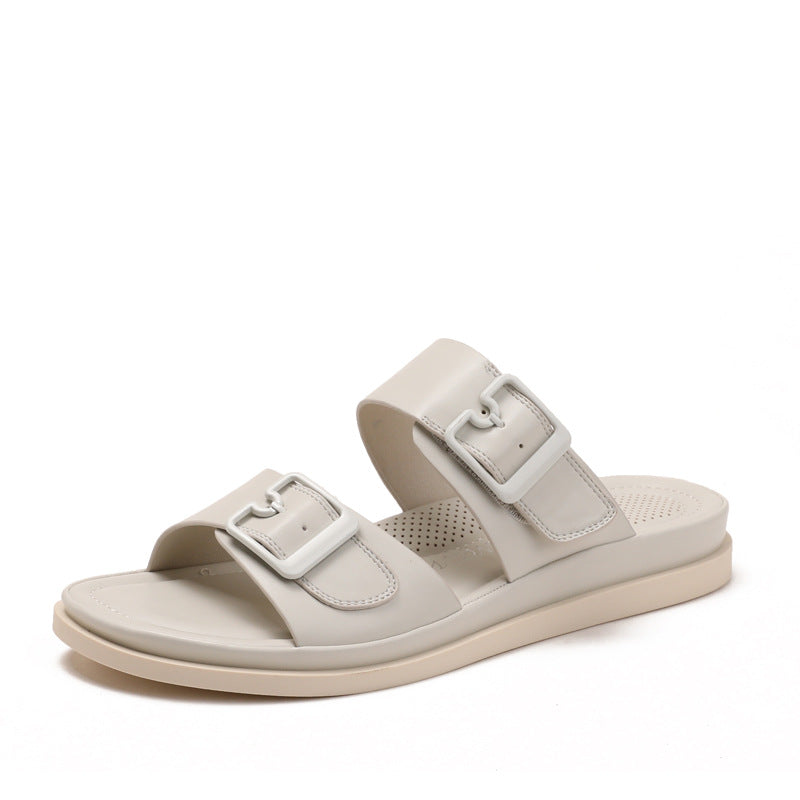 Women Casual Buckle Decor Open Toe Flat Slip-On Thick Sole Outdoor Slippers teemdrop