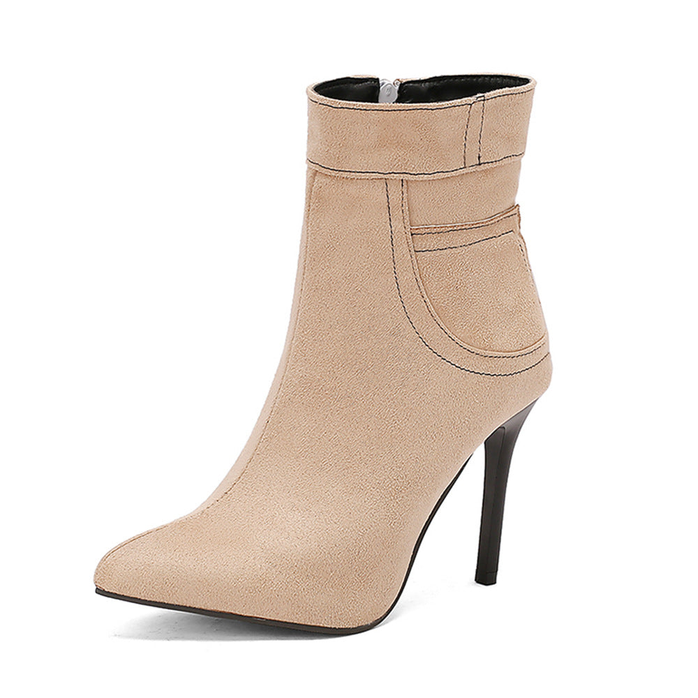 Women's Pointed Toe Stiletto Heel Faux Fur Warm Ankle Boots Side Zipper