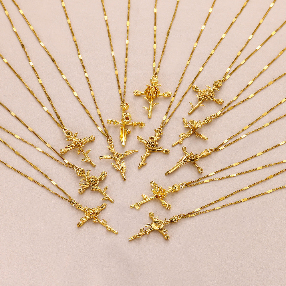 Gold Plated 3D Flower Cross Neckla teemdrop