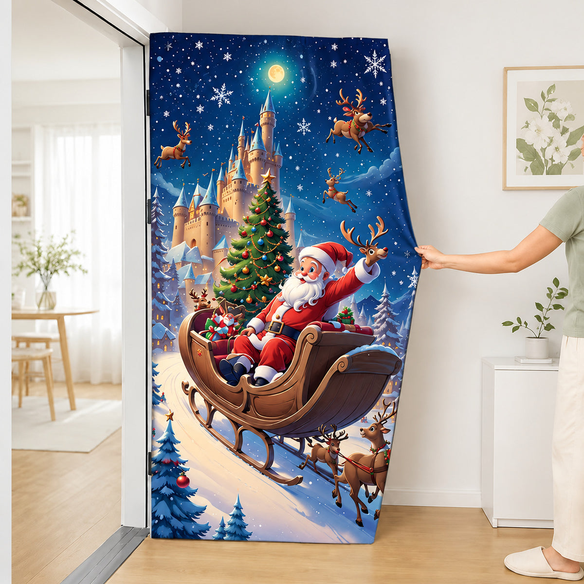 Milk Silk Christmas Door Banner Reindeer Santa Claus Design Festive Party Decoration Hanging Cloth for Home Living Room Bedroom teemdrop