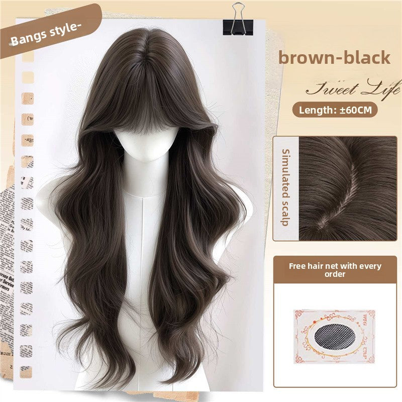 Women's Long Wavy Curly Full Head Wig Seamless Front with Bangs teemdrop