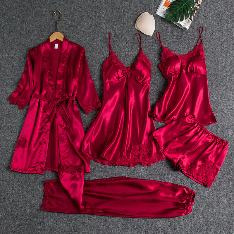 Womens Silk Loungewear V-Neck Five-Piece Pajama Set