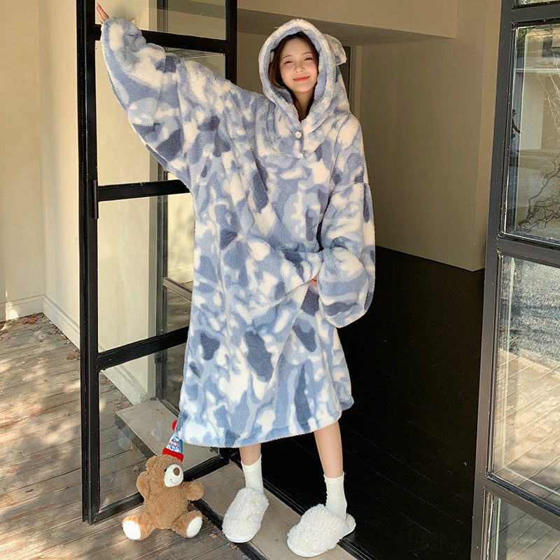 Women's Thickened Coral Fleece Hooded Nightgown Oversized Winter Warm Robe teemdrop