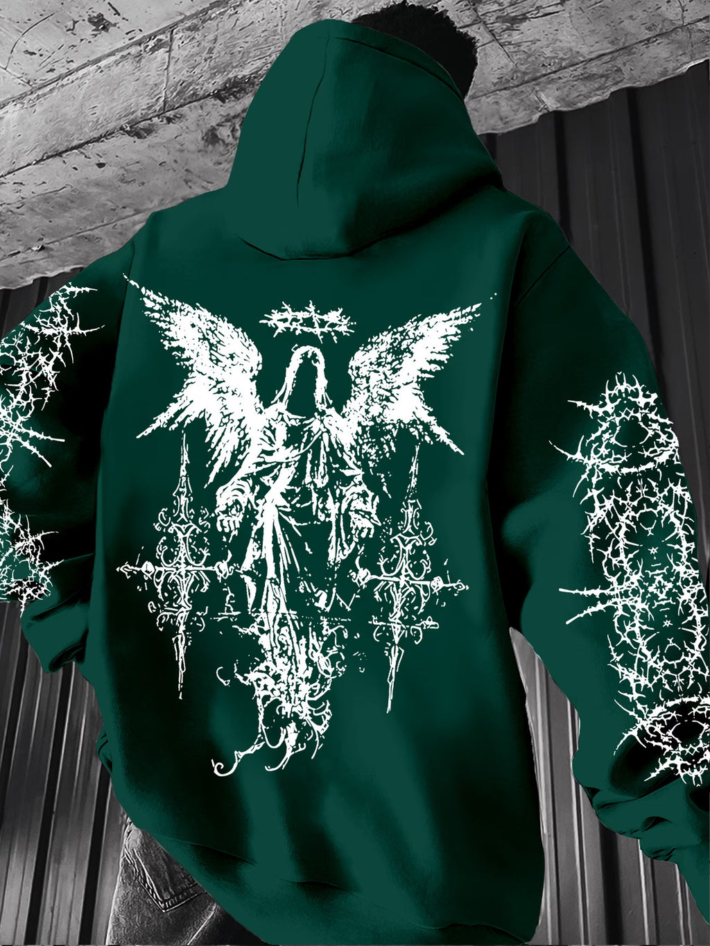 Gothic-style angel-print hoodie teemdrop