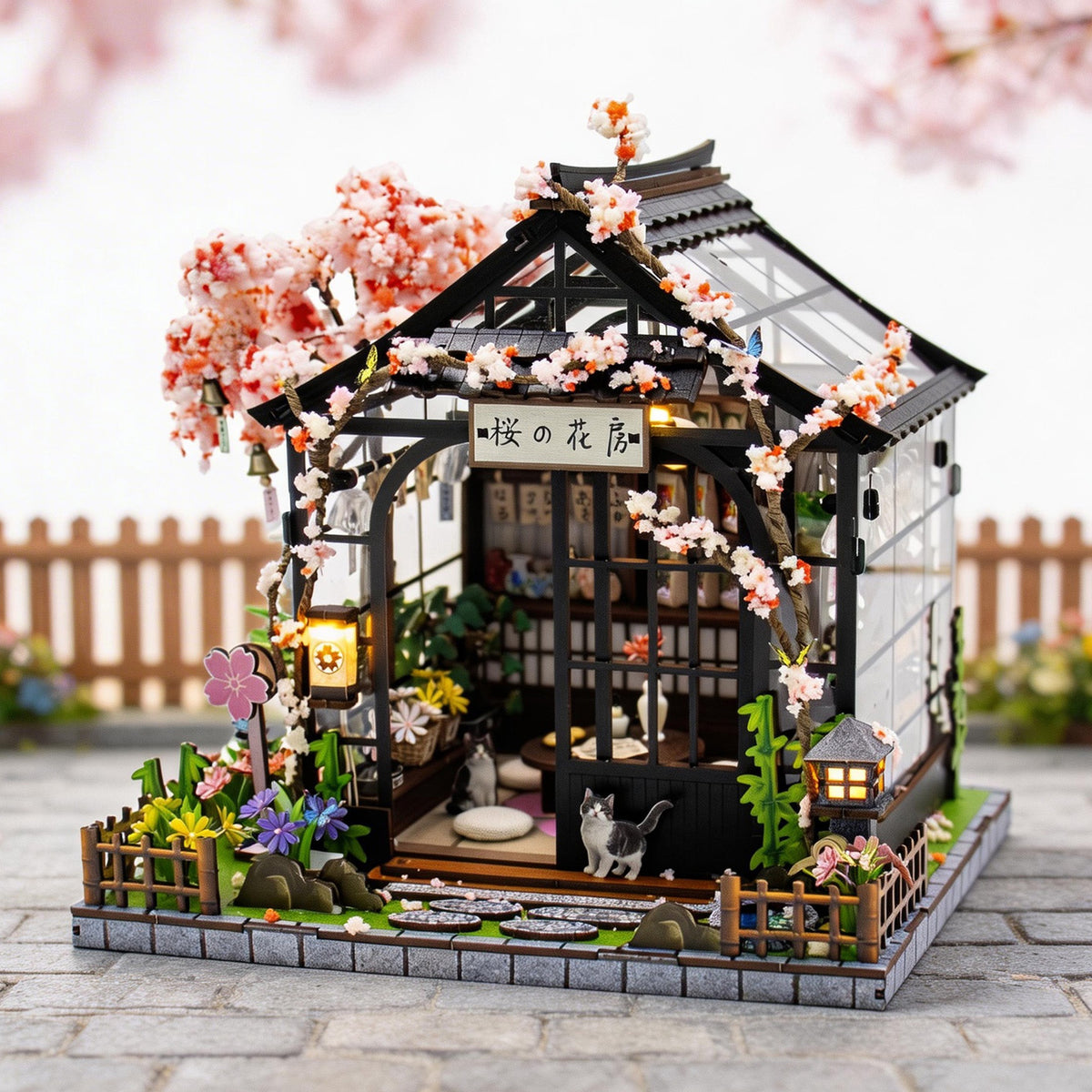 Japanese Style Miniature DIY Wooden Greenhouse Model Kit with Light and Music