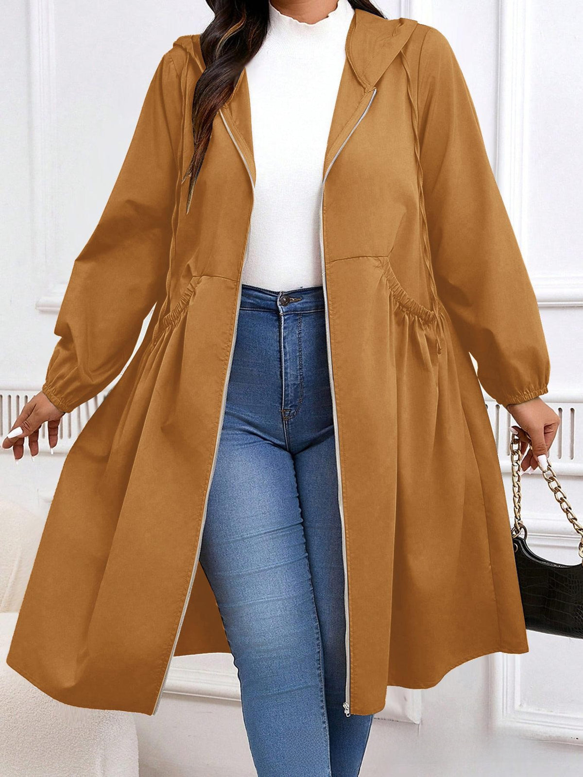Plus Size Solid Color Pleated Long Sleeve Mid-Length Jacket